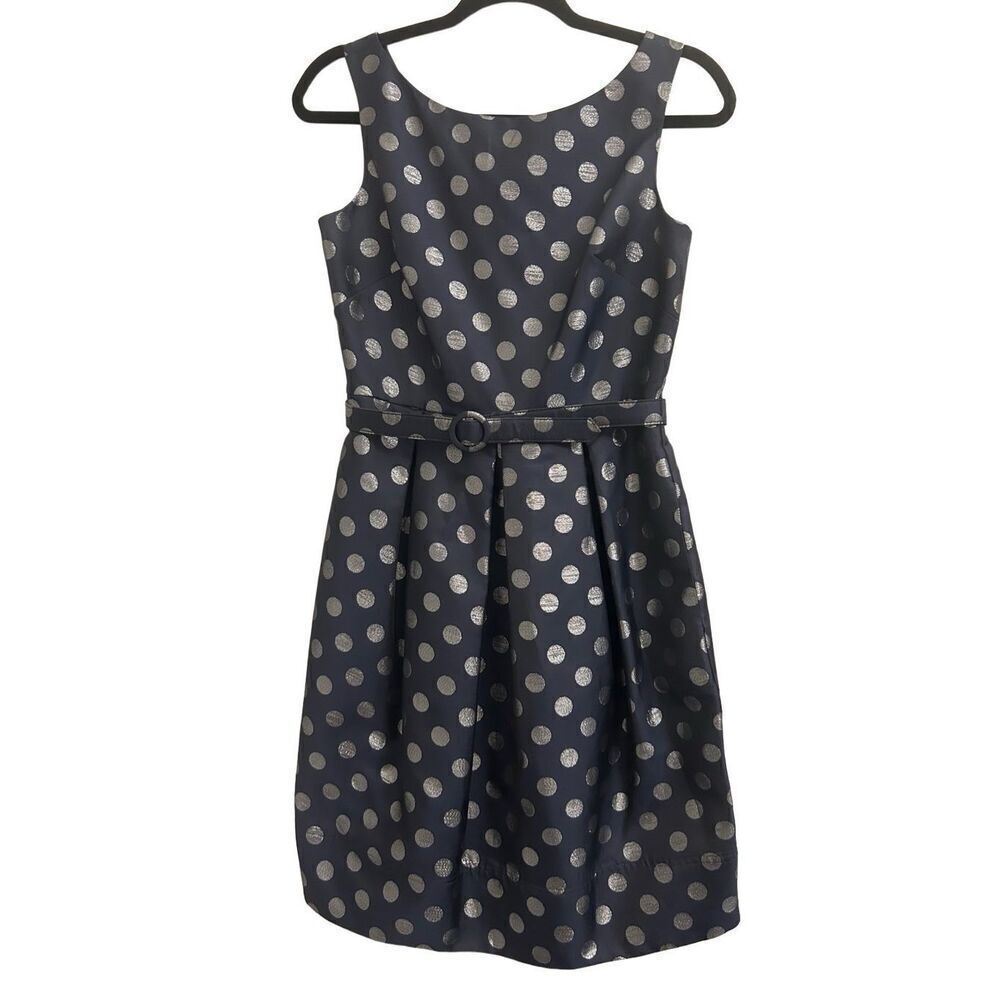 Eliza J navy x silver polka dot cocktail dress size 4 with matching belt EUC par - Picture 2 of 9